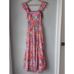 Banjanan Floral Boho Ruffle Iris Maxi Dress